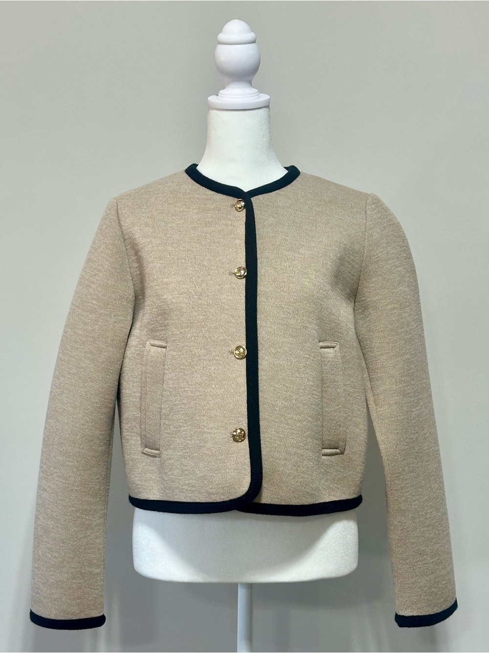 Zara Beige Knit Jacket Black Contrast Trim Gold Crest Buttons Cropped